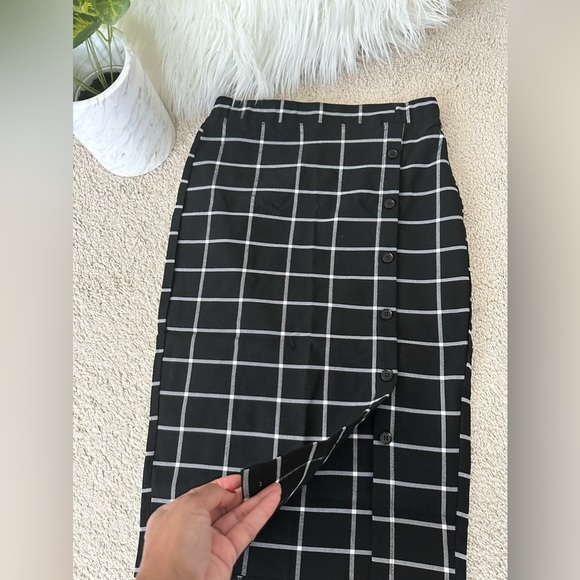 Plaid Pencil Midi Skirt Elastic High Waist Button Stretchy with Slit Size: M - Picture 4 of 8